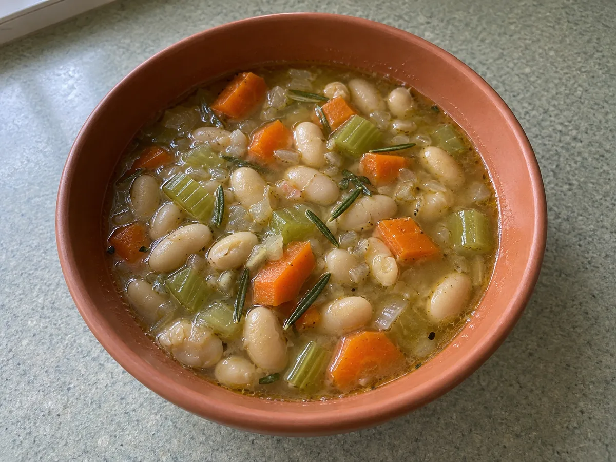 White bean soup with carrots, celery and rosemary in a terracotta-colored bowl.
