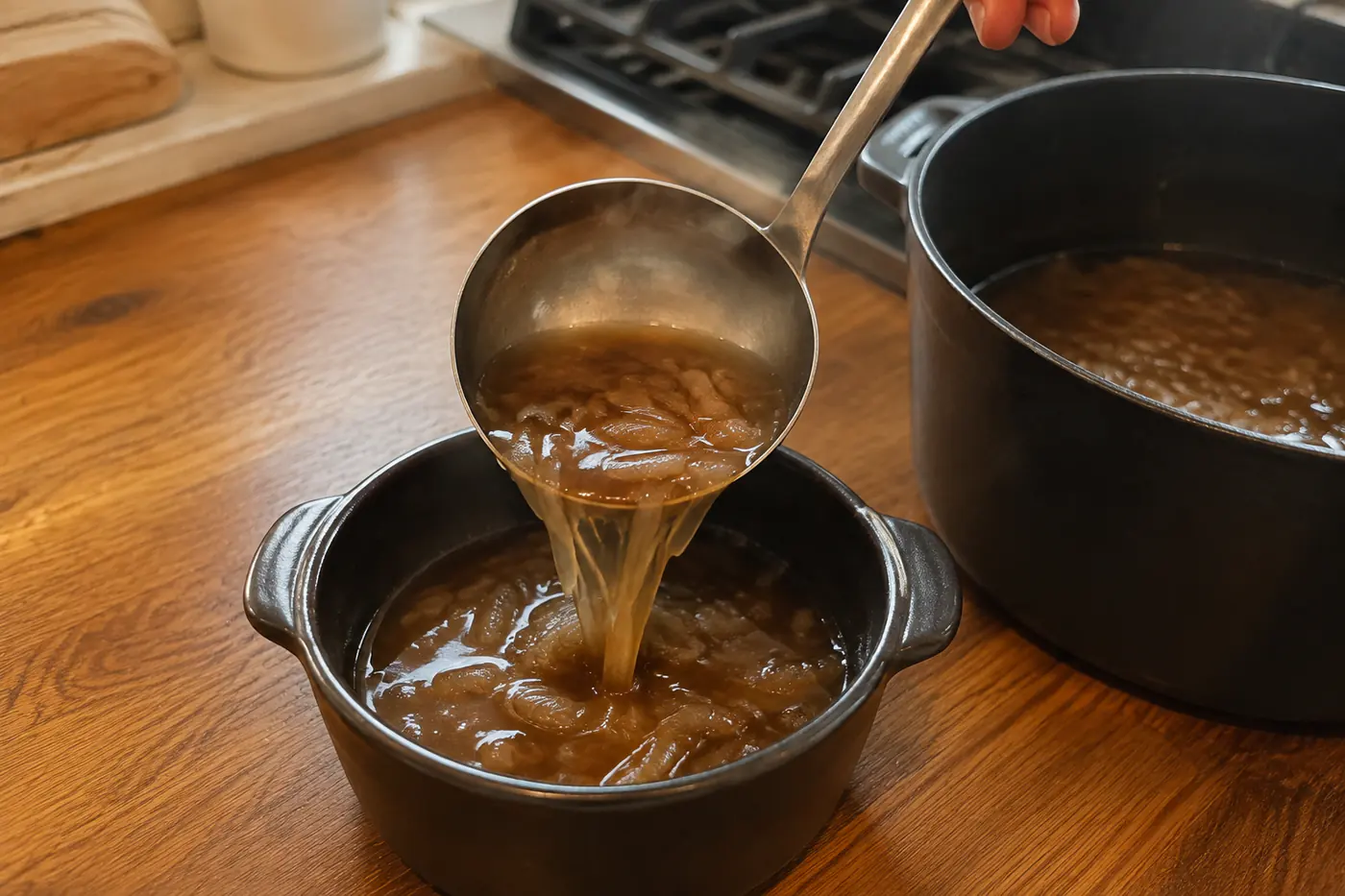 Amber French onion soup with caramelized onions being ladled into a broiler-safe crock