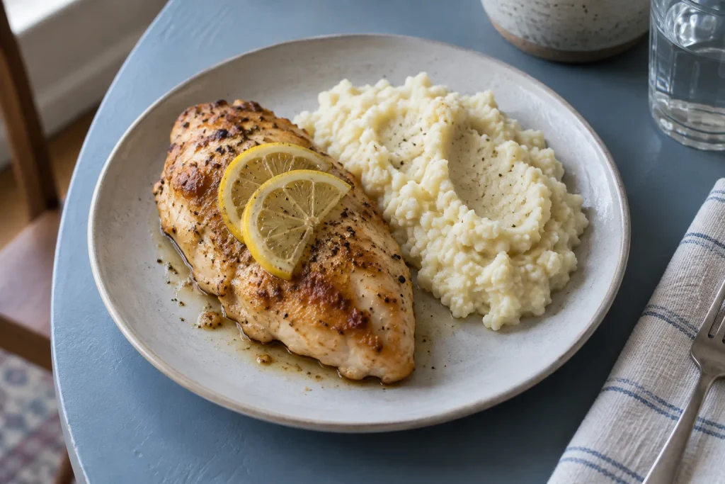 Lemon-pepper chicken breast with cauliflower mash on a dinner plate.
