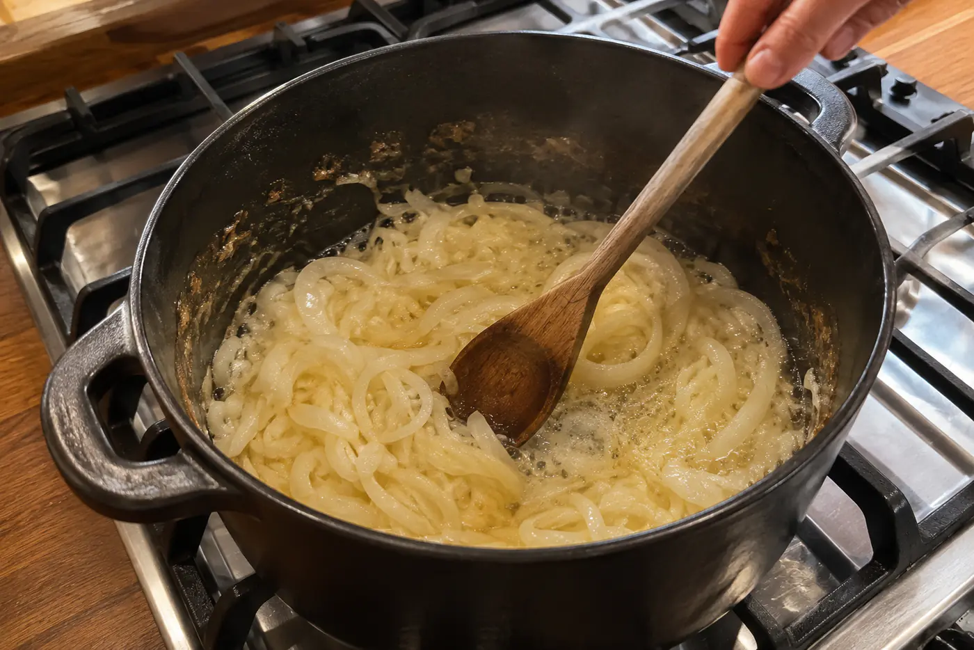 Yellow onions softening in butter in a dark Dutch oven at the start of caramelization