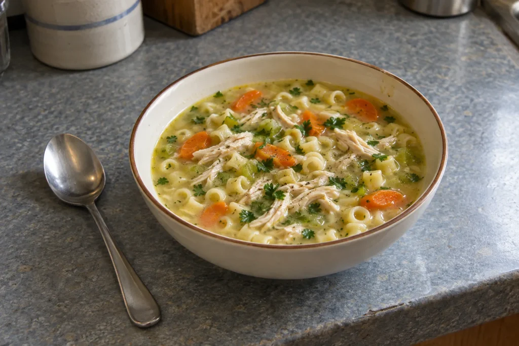 Creamy chicken soup with ditalini, carrots and celery in a cream-colored bowl.