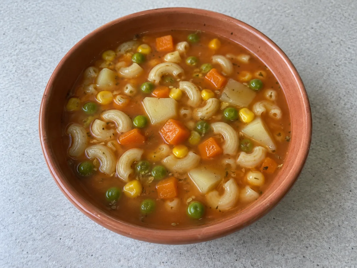 Macaroni soup with carrots, peas, corn and potato pieces in a terracotta bowl.