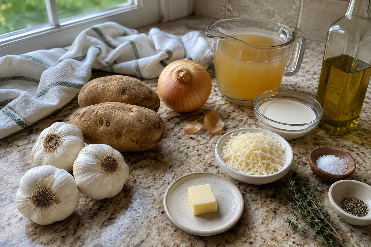 Garlic heads, russet potatoes, onion, broth, cream, Parmesan, butter, and herbs for roasted garlic soup.