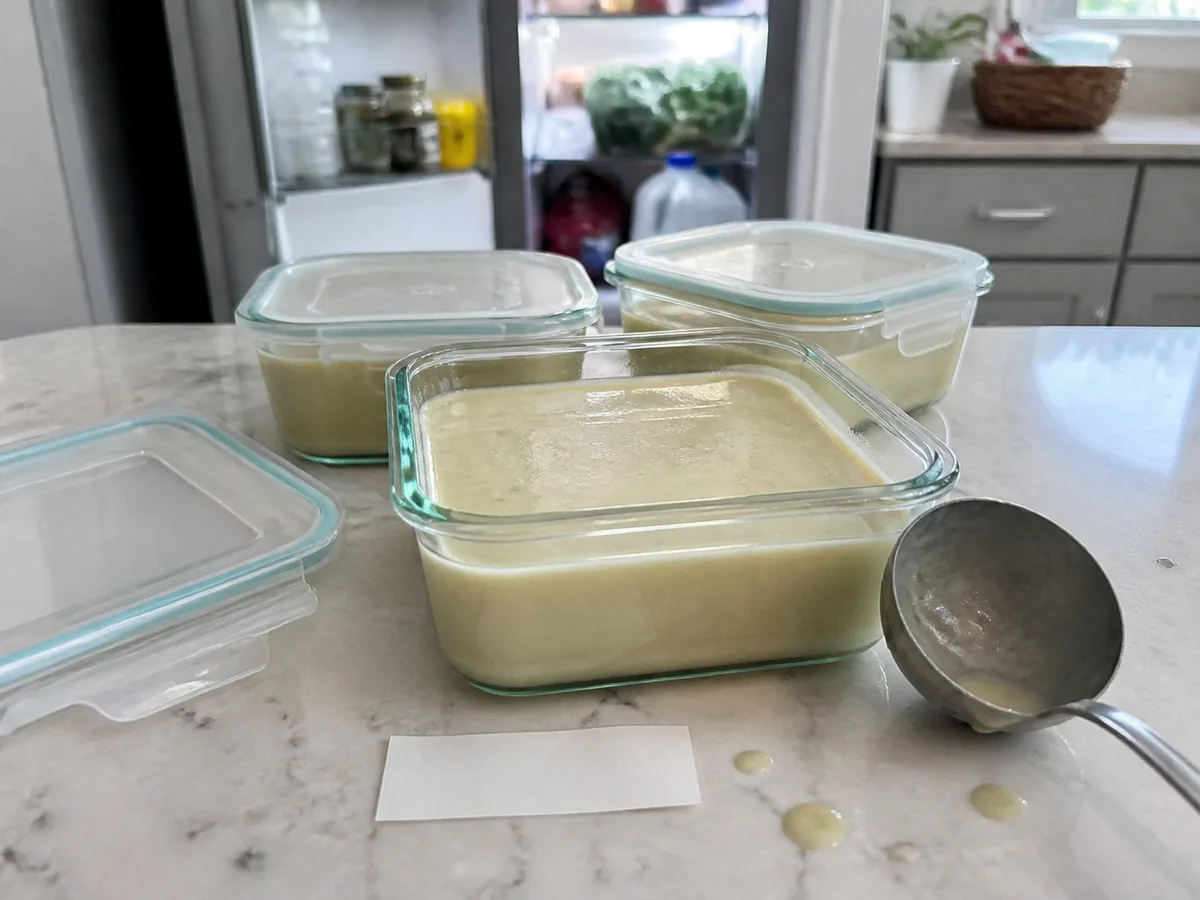 Roasted garlic soup portioned into shallow covered containers for refrigerator storage.