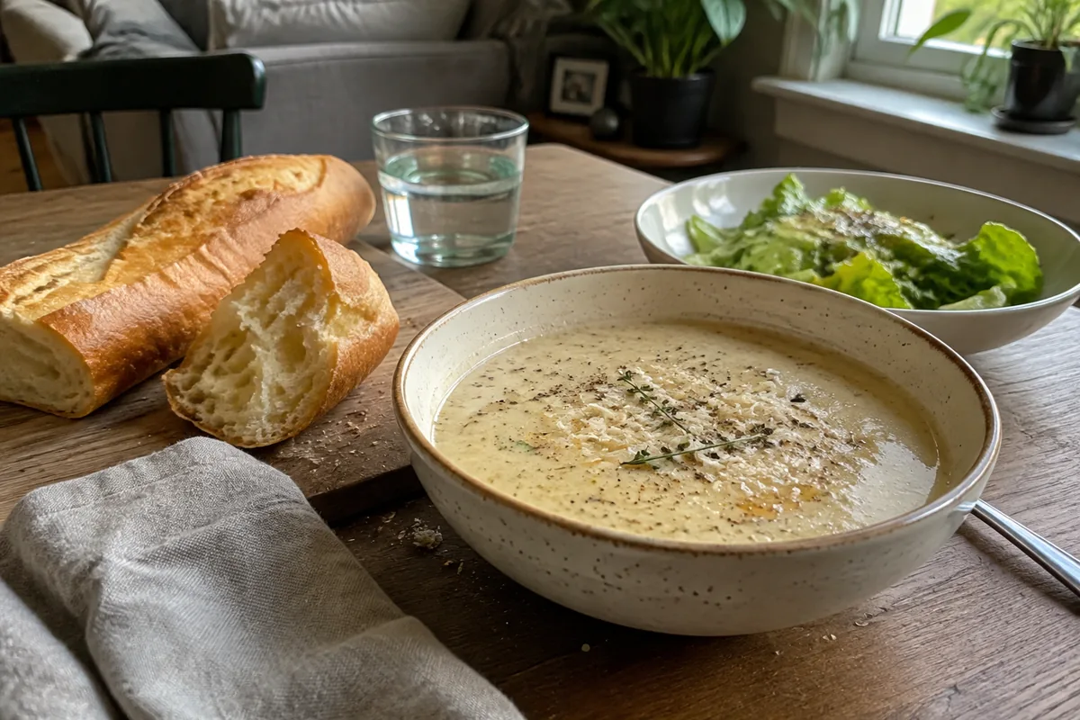 Roasted garlic soup served with crusty bread and a simple green salad.