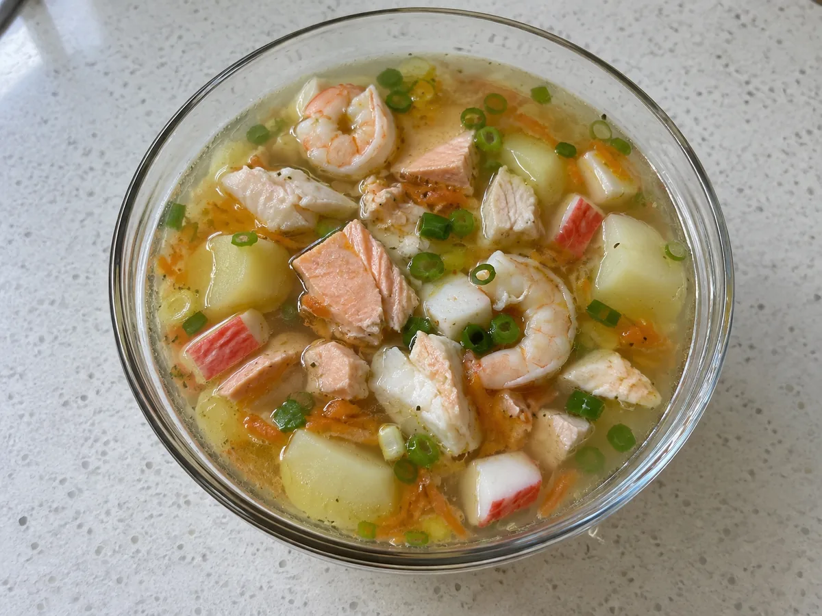Clear fish and shrimp soup with potato pieces, grated carrot and green onion in a glass bowl.
