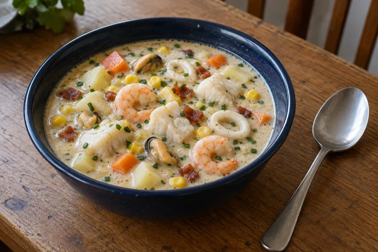 Creamy seafood chowder with shrimp, white fish, potatoes, corn and bacon in a navy bowl.