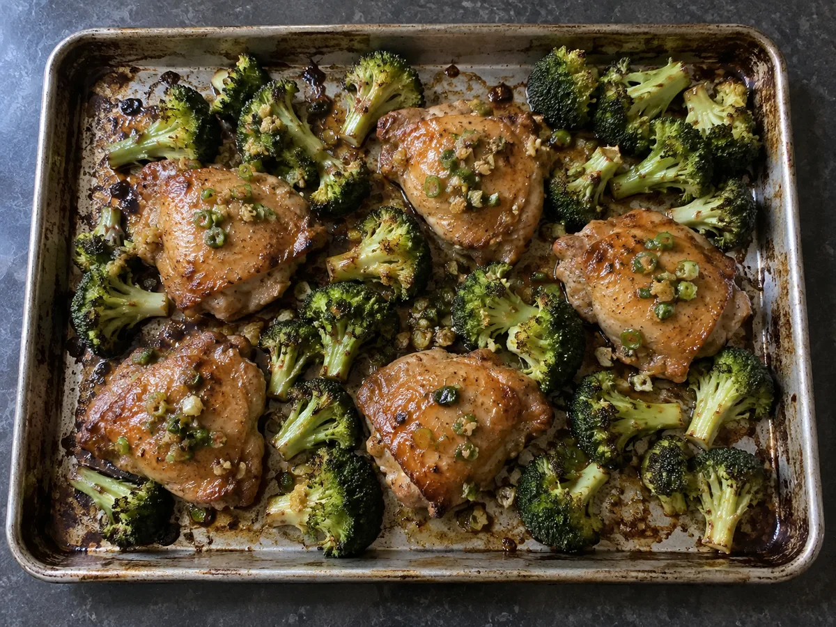 Roasted chicken thighs and broccoli with scallion-ginger sauce on a sheet pan.