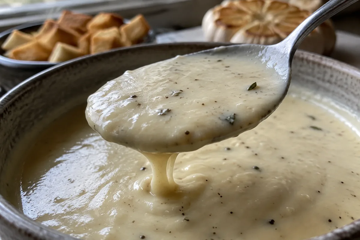 Spoonful of smooth roasted garlic soup showing its creamy potato-thickened texture.