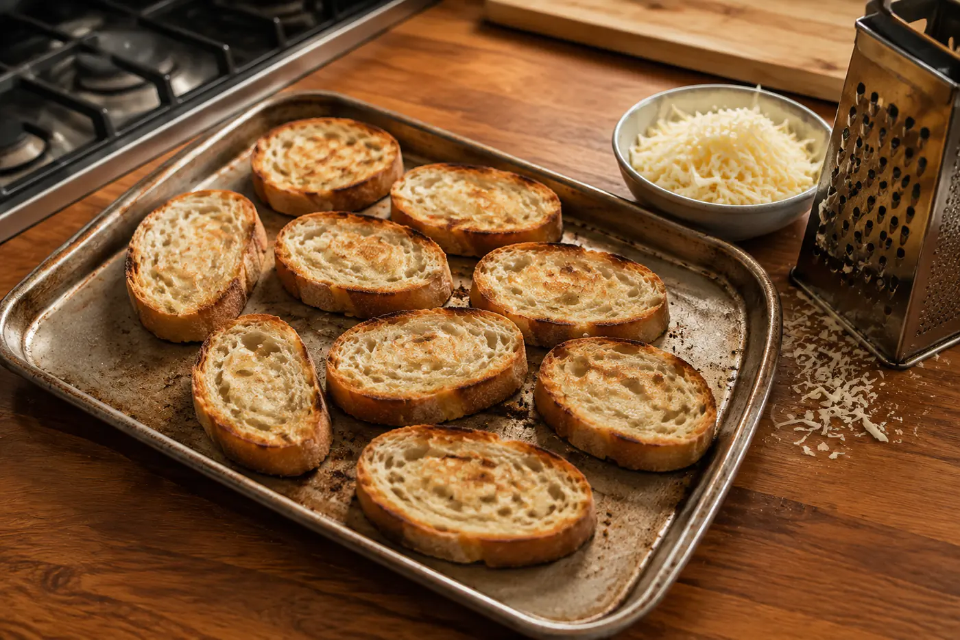 Toasted baguette slices with freshly grated Gruyère ready for French onion soup