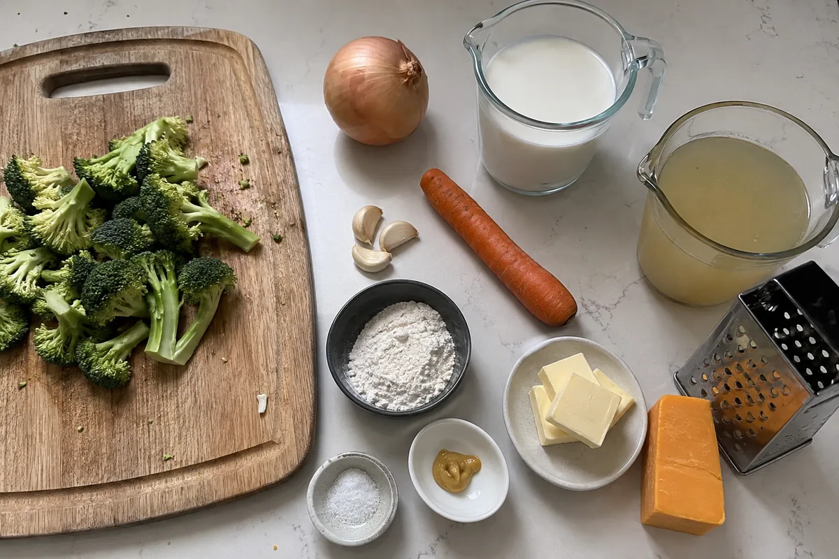Broccoli, onion, garlic, carrot, butter, flour, milk, broth, Dijon, and sharp cheddar for broccoli cheddar soup.