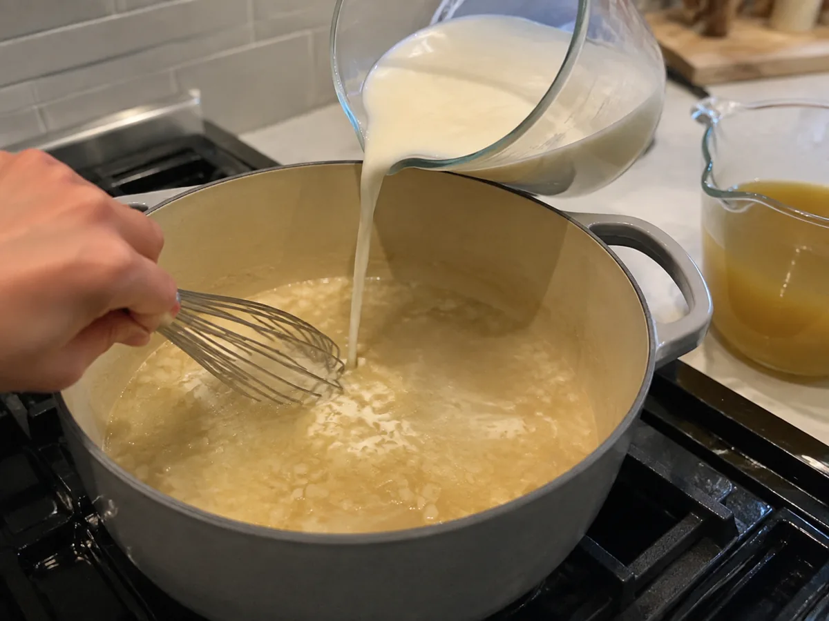 Milk being slowly whisked into the onion roux for a smooth broccoli cheddar soup base.