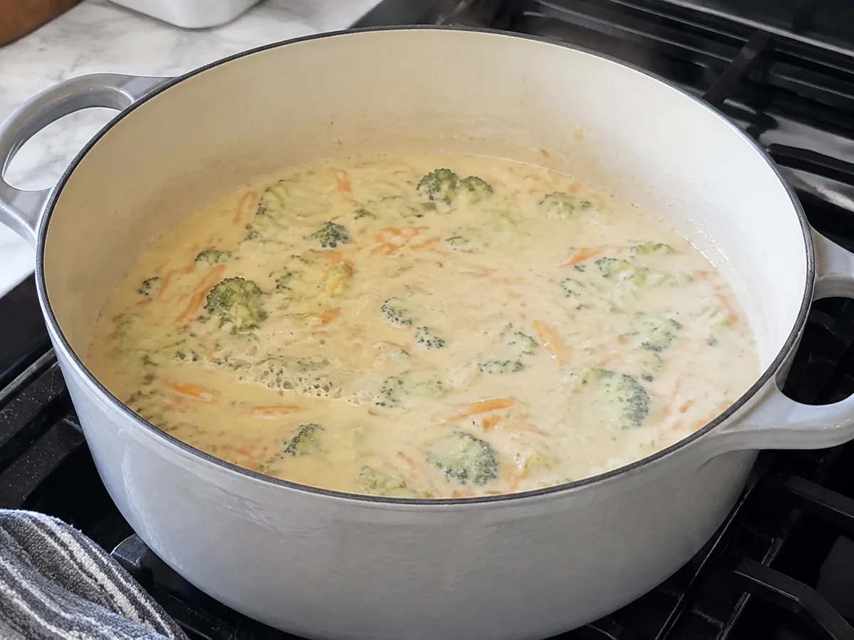 Small broccoli florets and julienned carrot gently simmering in the creamy soup base.