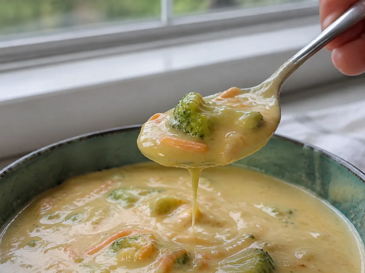 A spoonful of creamy broccoli cheddar soup showing tender broccoli and carrot pieces.