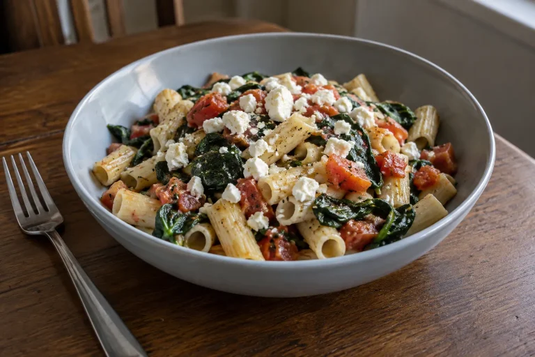 Short pasta with spinach, tomatoes and crumbled feta in a shallow bowl.