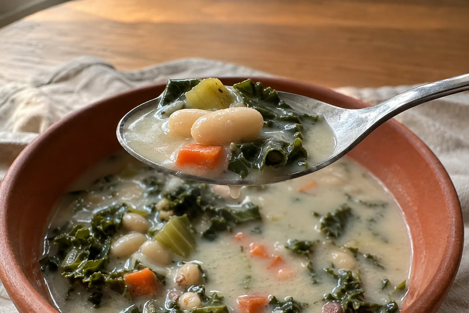 Spoonful of creamy white bean kale soup showing whole cannellini beans, tender vegetables, and wilted kale.