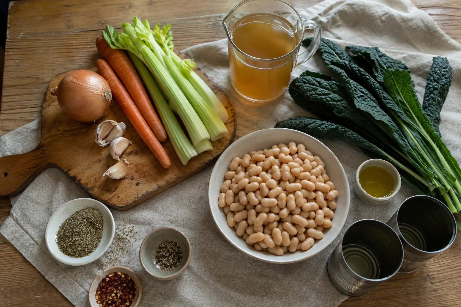 Cannellini beans, kale, onion, carrots, celery, garlic, vegetable broth, olive oil, and dried herbs for white bean kale soup.