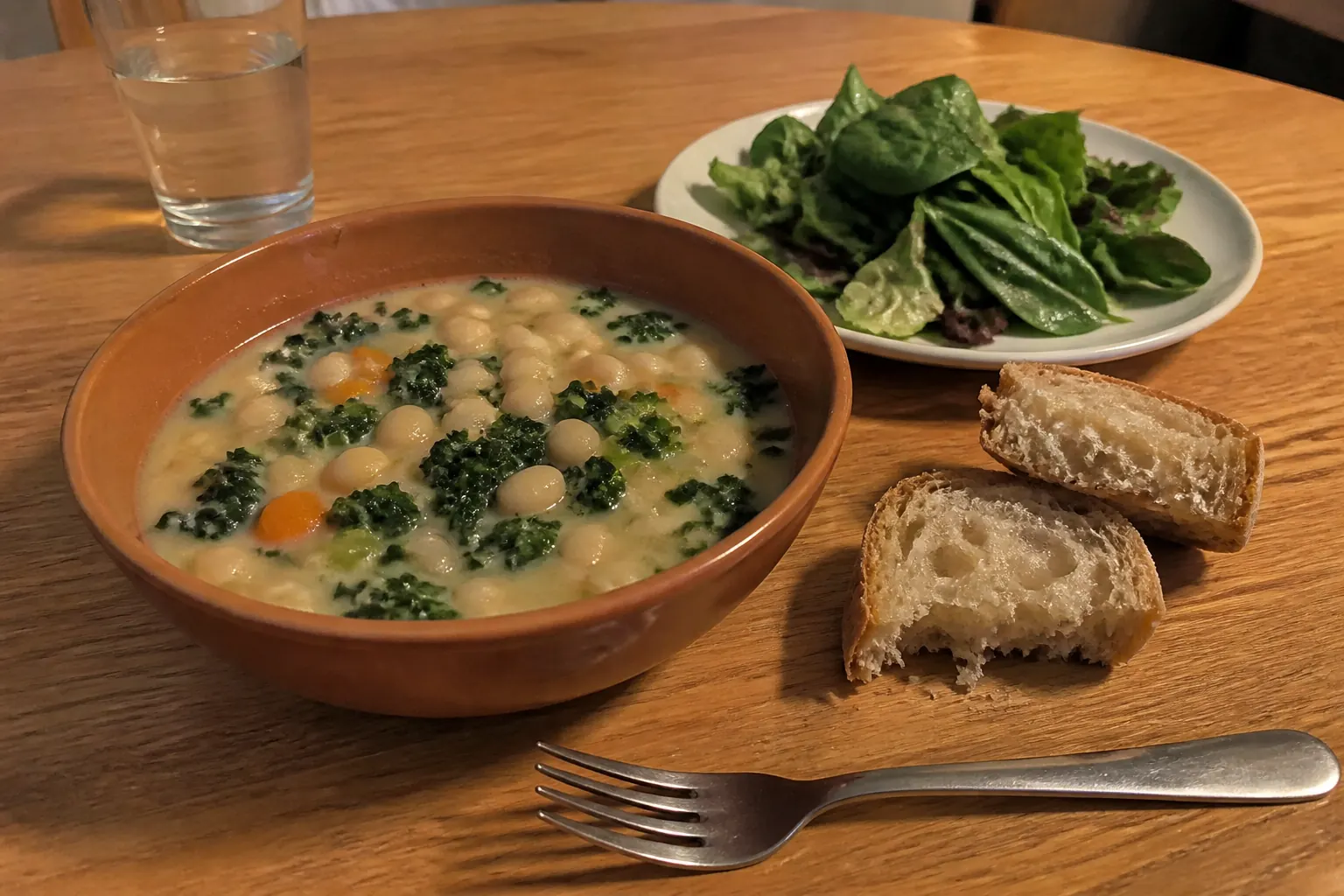 White bean and kale soup served with crusty bread and a simple green salad on a casual table.